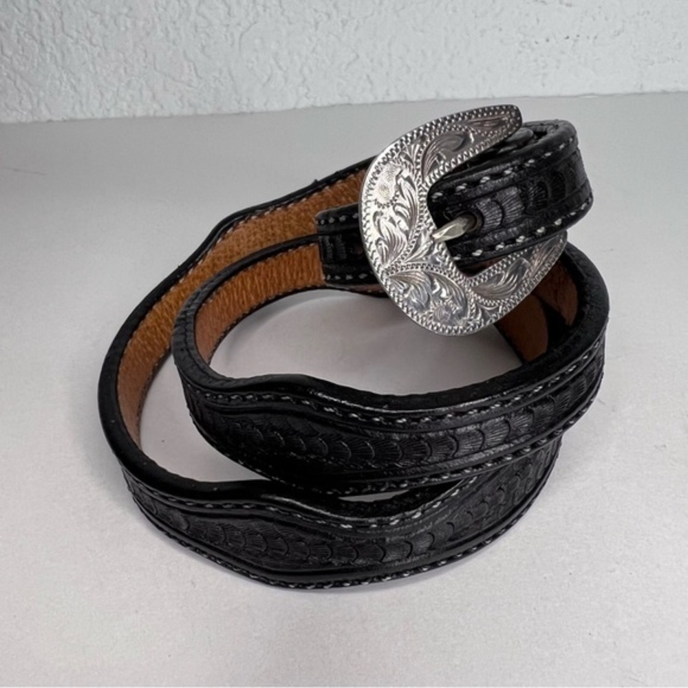 Black Hand Tooled & Stitched Belt Fleming Silver Filigree Etched 3 Piece Buckle
